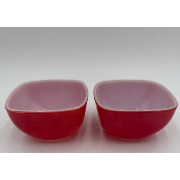 Two Vtg Pyrex #407 7oz Red Square Hostess Ramekin Snack Dish Bowls - Picture 5 of 9